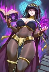 ai_generated alternate_breast_size_(larger) apprenticedomini bangs black_bodysuit black_hair blunt_bangs bodystocking bodysuit book book_stack bookshelf bracelet breasts cape circlet cleavage covered_navel curvy evil_smile female female_only fire_emblem fire_emblem_awakening from_below gold_bracelet holding holding_book img2img indoors inpainted jewelry large_breasts library loincloth long_hair looking_at_viewer magic navel non-web_source novelai open_book pelvic_curtain shaded_face shiny shiny_skin skin_tight smile solo tharja_(fire_emblem) thick_thighs thighs tiara two_side_up umbrakinesis wide_hips