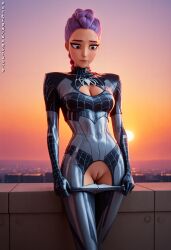 ai_generated ass big_breasts breasts city_background cosplay female female_only kpop kpop_demon_hunters kpop_girl long_hair naked naostudio neon_lights night nsfw nude purple_hair pussy rooftop rumi_(kpop_demon_hunters) solo