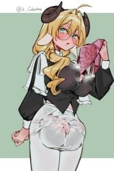 1futa ahoge animal_ears ball_bra balls_bigger_than_penis big_balls_small_penis black_shirt blonde_hair blush bra breasts clothed clothing commentary_request covered_nipples covered_penis covered_testicles cowboy_shot disproportionate_genitalia female fully_clothed futa_only futanari gigantic_testicles glasses goat_ears goat_horns green_eyes hair_intakes highres holding holding_bra holding_underwear holding_unworn_clothes horns humanoid humanoid_penis kemonomimi large_breasts light-skinned_futa light_skin long_hair long_sleeves mirin_chikuwa open_clothes original oversized_balls pants parted_lips penis pink_bra removing_bra removing_bra_under_shirt round_eyewear see-through_clothes shirt solo standing steaming_body testicles tight_clothing underwear white_pants