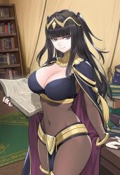 ai_generated alternate_breast_size_(larger) alternate_costume apprenticedomini bangs black_bodysuit black_cape black_hair black_nails blunt_bangs bodystocking bodysuit book book_stack bookshelf bracelet breasts bridal_gauntlets cape circlet cleavage closed_mouth covered_navel desk female female_only fire_emblem fire_emblem_awakening gold_bracelet gold_choker gold_tiara grey_eyes hand_on_table holding holding_book indoors inpainted jewelry jun_(navigavi)_(style) large_breasts loaded_interior loincloth long_hair looking_at_viewer navel non-web_source novelai open_book pelvic_curtain see-through shaded_face shelf sidelocks skin_tight smile solo standing table tent tent_interior tharja_(fire_emblem) thighs tiara two_side_up