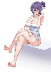 1girls azmiyudista blue_eyes blush butterfly_tattoo cleavage huge_breasts looking_at_viewer original original_character perfect_legs purple_hair towel_only voluptuous zuyuzuyu6