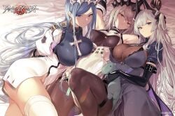 3girls armpits ash_arms ass b-29_superfortress_(ash_arms) b-50_superfortress_(ash_arms) bangs black_gloves blue_eyes blue_hair blunt_bangs breasts brown_eyes brown_hair closed_mouth covered_navel cross dress earrings elbow_gloves female female_only gloves grey_hair hair_between_eyes halter_dress halterneck highres hiiragi_yuuichi ho_229_(ash_arms) holding holding_stuffed_toy jewelry large_breasts long_hair looking_at_viewer low_wings lying multiple_girls on_back on_side pantyhose parted_lips puffy_sleeves purple_eyes see-through short_sleeves side_slit sidelocks skindentation star_(symbol) stuffed_toy thigh_strap thighhighs very_long_hair white_thighhighs wings