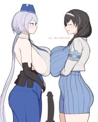 2girls arm_under_breasts armband arms_under_breasts ass belly big_ass big_breasts blue_dress blue_eyes blush braid breast_press breasts breasts_bigger_than_head brid_(nikke) bridal_gauntlets closed_eyes clothed curvy dildo exposed_shoulders goddess_of_victory:_nikke gya_rb hands_on_belly headwear hi_res holster hourglass_figure huge_breasts jacket korean_text large_ass large_breasts looking_at_another looking_up mary_(nikke) medium_hair military military_hat multiple_girls necktie nurse open_mouth sideboob simple_background skirt sleeveless smile sweater thick_thighs translation_request very_long_hair voluptuous white_background white_jacket