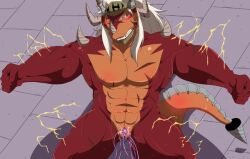 abs anthro better_version_at_source blush bushiroad dragon drum's_father future_card_buddyfight hair horn lion_ta_(artist) male muscular muscular_anthro muscular_male pecs penetration scalie scar slit slit_penetration slit_play solo solo_male white_hair