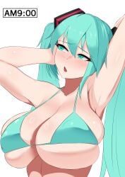 1girls 2d alternate_version_available armpits bare_shoulders big_breasts blush blush_lines bra breasts cyan_eyes cyan_hair dot_nose facing_viewer female female_only hands_behind_head hatsune_miku huge_breasts human human_only large_breasts long_hair looking_up nipple_bulge open_mouth shiny_hair shiny_skin shirotsume1111 simple_background slave_handles solo solo_female source twintails vocaloid white_background