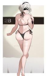 1girls android ass azmiyudista bikini blindfold bubble_butt large_breasts looking_back medium_hair nier:_automata voluptuous watermark white_hair yorha_2b zuyuzuyu6