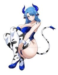 1girls azmiyudista blue_eyes blue_hair blush cow_ears cow_girl cow_horns cow_print cow_print_thighhighs cow_tail hucow huge_breasts indie_virtual_youtuber leotard light-skinned_female light_skin long_hair miilkywayz shoes tail virtual_youtuber voluptuous zuyuzuyu6