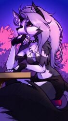 1girls ass black_fur breasts claws earrings fingerless_gloves furry furry_female goth_girl gothic hellhound helluva_boss long_hair loona_(helluva_boss) plague_of_gripes red_sclera seated spiked_collar two_tone_fur white_eyes white_fur white_hair wolf wolf_ears wolf_girl wolf_tail