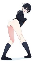 1boy androgynous ass ass_shake bigppea black_socks blue_eyes blush highres hood hood_down hoodie knee_socks kneehighs kneesocks looking_at_viewer male_focus open_mouth original short_hair simple_background socks solo