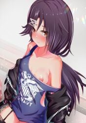 1girls azur_lane behind_the_back_(artist) black_hair blush blushing breasts cassin_(azur_lane) clothed floor heterochromatic_eyes indoors light-skinned light-skinned_female nipple_slip nipples wall