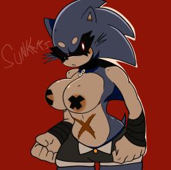 angry angry_face anthro black_sclera breasts clenched_hands collar female female_only large_breasts lord_x plain_background red_background red_eyes rule_63 scar scratch_marks short_shorts shorts solo sonic.exe sonic_(series) sunkers two_tone_skin