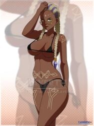 1girls bikini braided_hair dark-skinned_female dolores_(kof) glasses green_eyes king_of_fighters large_breasts layerth silver_hair snk tattoo watermark