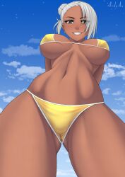 1girls bikini dark-skinned_female large_breasts looking_at_viewer looking_down rocky-ace silver_eyes silver_hair viewed_from_below