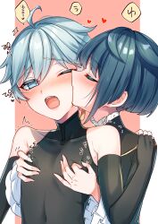 2boys bare_shoulders black_bodysuit black_sleeves blue_eyes blue_hair bodysuit chinese_clothes closed_eyes fingerless_gloves genshin_impact gloves hair_between_eyes highres kissing kissing_cheek kokuchuutei male_focus multiple_boys nipple_tweak open_mouth xingqiu_(genshin_impact) yaoi