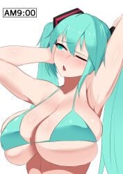 1girls 2d alternate_version_available armpits bare_shoulders big_breasts blush blush_lines bra breasts cyan_eyes cyan_hair dot_nose facing_viewer female hands_behind_head hatsune_miku long_hair looking_up nipple_bulge one_eye_closed open_mouth shiny_hair shiny_skin shirotsume1111 simple_background slave_handles solo source twintails vocaloid white_background