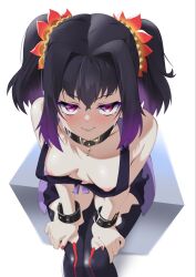 1girls black_hair black_legwear blush breasts collar down_blouse female gradient gradient_hair hair_ornament hands_on_thighs highres inverted_nipples looking_at_viewer nail_polish nipples oppaihobby purple_eyes purple_hair sideless_outfit sitting small_breasts smile smug solo symonne_(tales) tales_of_(series) tales_of_zestiria thighhighs twintails