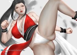 1girls ariverkao brown_eyes brown_hair cleavage fatal_fury fundoshi huge_breasts kicking king_of_fighters long_hair mai_shiranui snk voluptuous