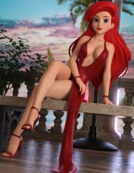 1girls 3d ankle_strap_heels ariel blue_eyes cleavage disney disney_princess dress high_heels large_breasts light-skinned_female long_hair open_toe_shoes red_dress red_hair ruidx stiletto_heels the_little_mermaid very_high_heels voluptuous