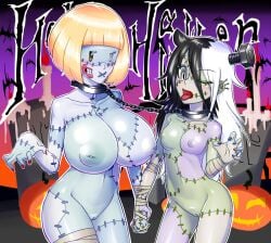 green_skin halloween_costume huge_breasts kuroki_tomoko mob_face open_mouth stiches tongue_out uchi_emiri uhotaro watashi_ga_motenai_no_wa_dou_kangaetemo_omaera_ga_warui! yuri zombie