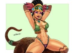 1girls abs amulet arms_above_head awilix_(smite) black_hair blue_eyes breasts clothed deity eyeshadow female fit_female goddess hi-rez_studios mayan_mythology mythology panther purple_lipstick seductive seductive_smile smite solo sparkietheartist spread_legs thong