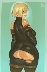 ass blonde_hair bodysuit breasts cra detached_sleeves elf evangelyne female freckles green_eyes khentaiu khentart large_ass large_breasts leg_boots long_ears pointy_ears torn_clothes wakfu