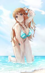 1girls all_fours bare_arms bare_legs barefoot beach big_breasts bikini blue_bikini blue_sky blush blush_lines blushing blushing_at_viewer breasts brown_eyes brown_hair cleavage closed_mouth cloud collarbone day female female_focus female_only hand_in_own_hair head_tilt hi_res high_resolution highres l-phy light-skinned_female light_skin long_hair looking_at_viewer medium_breasts nami ocean one_piece outdoors post-timeskip shiny shiny_clothes shiny_hair shiny_skin signature sky smile solo solo_female solo_focus straight_hair striped striped_bikini swimsuit very_long_hair wet wet_body wet_clothes wet_skin