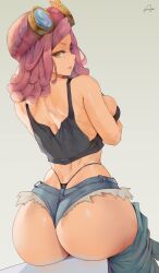 1girls araneesama artist_signature ass back back_view booty_shorts breasts bubble_butt cutesexyrobutts_(style) female goggles goggles_on_head hi_res hips huge_ass huge_breasts jean_shorts large_ass light-skinned_female light_skin long_hair mei_hatsume my_hero_academia pink_hair short_shorts shorts slim_waist thick_thighs thighs wide_hips yellow_eyes