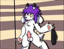 anthro balls bottomwear bovid caprine changed_(video_game) clothing cute_eyes digital_media_(artwork) erection genitals goat goat_(changed) humanoid_genitalia humanoid_penis latex looking_at_viewer male mammal penis pixel pixel_(artwork) shorts skade_(artist) slime solo transformation