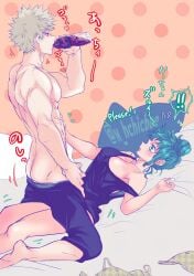 1boy 1girls between_breasts blonde_hair bra_aside busty cleavage coke_bottle cola drinking female female_deku green_eyes green_hair hair_bun izuku_midoriya katsuki_bakugou looking_at_partner lying_on_back male male/female muscles muscular muscular_male my_hero_academia on_back on_bed open_mouth panties_aside pants_down rule_63 sheet_grab shirtless sitting_on_person spiky_hair tank_top tank_top_only thirsty x_hchicbee