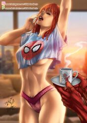 1girls boobs breasts cedric_humbert coffee_mug ed_benes ed_benes_studio highleg highleg_lingerie highleg_panties large_breasts lingerie marvel marvel_comics mary_jane_watson morning no_bra no_bra_under_clothes panties peter_parker red_eyebrows red_hair red_lingerie red_panties spider-man spider-man_(series) straight_hair t-shirt thighs thighs_together yawning