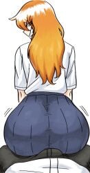 1boy 1girls ass big_ass bubble_ass bubble_butt bulge clothed clothing dry_humping gamo-chan grinding gutsbro14 huge_ass lap_dance long_hair looking_back naoto_hachioji_(senpai) orange_hair please_don't_bully_me,_nagatoro revealing_clothes school_uniform simple_background sitting sitting_on_bulge smile white_background