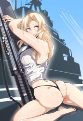 1girls aircraft ass ayakumo bare_legs barefoot big_breasts black_necktie black_panties blonde_hair blue_eyes blue_sky breasts closed_mouth female female_focus female_only flight_deck gun_case highleg highleg_panties hornet_(kantai_collection) kantai_collection large_breasts leaning_on_object light-skinned_female light_skin long_hair looking_back necktie one_knee panties shiny shiny_clothes shiny_hair shiny_skin shirt sky sleeveless sleeveless_shirt soles solo solo_female solo_focus toes underwear white_shirt