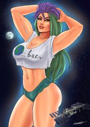 1girls abs breasts cleavage clothed deity female female_only goddess green_eyes green_hair international_space_station long_hair muscular muscular_female mythology purple_hair roman_mythology shirt smite sparkietheartist terra terra_(smite) two_tone_hair