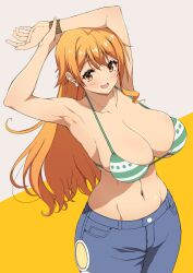 1girls armpits arms_up bad_id bad_twitter_id bangle bare_shoulders bikini bikini_top_only bracelet breasts denim earrings female female_only highres inactive_account jeans jewelry kojirou! large_breasts long_hair nami nami_(one_piece) navel one_piece open_mouth orange_hair pants post-timeskip solo standing striped_bikini swimsuit white_background