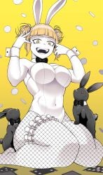 1girls blonde_hair bowtie breasts bunny_ears bunny_girl bunnygirl bunnysuit detached_collar fake_animal_ears fangs female_only fishnets hair_buns himiko_toga kneeling ko_koyap large_breasts leotard looking_at_viewer my_hero_academia open_mouth short_hair smile thick_thighs thighs yellow_eyes