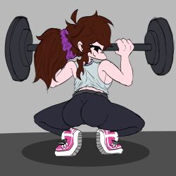 big_ass big_breasts blue_pants brown_hair dumbbells flushed friday_night_funkin girlfriend_(friday_night_funkin) gym pink_shoes sitting smile smiling strong_woman thick_thighs white_shirt