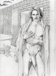 1boy bat bats blinds brick_wall cowboy_shot facing_viewer kentartwork large_penis looking_at_viewer male male_focus male_only muscular_male mustache naked_coat open_coat outdoors ring running_bond solo vampire window