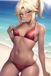 1girls ai_generated beach bikini blonde_hair blush breasts embarrassed fate/apocrypha fate/grand_order fate_(series) female green_eyes medium_hair mordred_(fate) mordred_(swimsuit_rider) nai_diffusion navel outdoor outdoors ponytail red_bikini small_breasts stable_diffusion tan tan-skinned_female tanned_skin