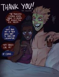 2d big_breasts blanket blizzard_entertainment clothing dark-skinned_female drink female junkrat light-skinned_male male overwatch pillow symmetra wholesome xkumah