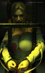 1girls batman_(series) big_breasts blonde_hair cleavage dc dc_comics eroguysensei female female_only gotham_knights handcuffed handcuffs harley_quinn harley_quinn_(gotham_knights) jail_cell key light-skinned_female light_skin object_between_breasts prison_uniform prisoner smile solo straitjacket twintails