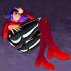 ass big_ass boots cate_(dual_dragons) curvy dual_dragon female hair_fangs hand_on_ass latex_legwear laying_down legs looking_at_viewer original_character purple_hair red_eyes simple_background smile sweater thick_thighs tight_pants