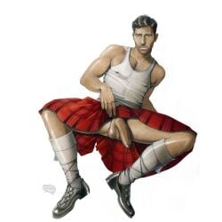 bara gay kentartwork kilt kilt_lift male male_focus male_only