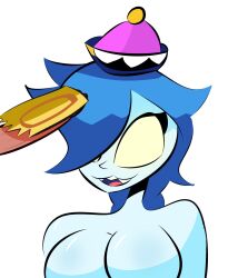 1girls big_breasts blue_hair blue_skin brawl_stars colette_(brawl_stars) covered_penis female_focus hat inspector_colette looking_at_penis makiro69 nude nude_female open_mouth penis ticket yellow_eyes