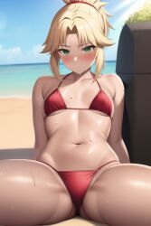 1girls ai_generated beach bikini blonde_hair blush breasts embarrassed fate/apocrypha fate/grand_order fate_(series) female green_eyes medium_hair mordred_(fate) mordred_(swimsuit_rider) nai_diffusion navel outdoor outdoors ponytail red_bikini small_breasts stable_diffusion tan tan-skinned_female tanned_skin