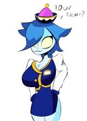 big_breasts blue_hair blue_skin brawl_stars colette_(brawl_stars) covered_nipples english_text female female_only hat inspector_colette looking_at_viewer makiro69 shirt skirt smile standing yellow_eyes