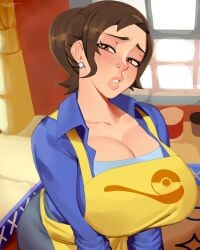 1girls apron breasts brown_eyes brown_hair cleavage clothed clothed_female clothing female game_freak huge_breasts human indoors looking_at_viewer mature_female medium_hair milf mother mother_(pokemon_sv) naughty_face nezulet nintendo outerwear pale_skin pokemon pokemon_sv solo thick_lips thick_thighs