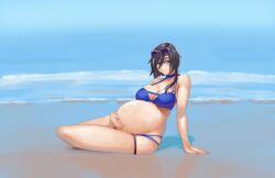 ark_royal_(azur_lane) ark_royal_(coast_watcher)_(azur_lane) azur_lane bare_shoulders beach big_belly bikini black_hair blue_bikini blue_eyes blue_sky breasts cleavage collarbone day eyewear_on_head female hair_between_eyes hand_on_own_stomach large_breasts navel ocean official_alternate_costume outdoors pregnant req reqqles short_hair sitting sky smile solo sunglasses swimsuit