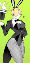 1girls blonde_hair bowtie breasts bunny_ears bunny_girl bunnysuit coattails detached_collar fake_animal_ears female_only fishnets hair_over_one_eye ko_koyap leotard looking_at_viewer medium_breasts my_hero_academia ryuukyuu serving_tray sharp_teeth short_hair smile tatsuma_ryuuko thick_thighs thighs very_short_hair wide_hips yellow_eyes