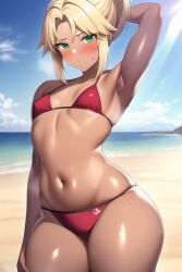 1girls ai_generated beach bikini blonde_hair blush breasts embarrassed fate/apocrypha fate/grand_order fate_(series) female green_eyes medium_hair mordred_(fate) mordred_(swimsuit_rider) nai_diffusion navel outdoor outdoors ponytail red_bikini small_breasts stable_diffusion tan tan-skinned_female tanned_skin