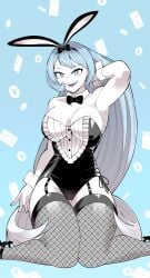 arm_above_head armpit blue_eyes blue_hair breasts bunny_ears bunnygirl bunnysuit fake_animal_ears fishnets garter_straps kneeling ko_koyap large_breasts leotard light-skinned_female long_hair looking_at_viewer my_hero_academia nejire_hado open_mouth pale-skinned_female smile solo solo_female thick_thighs thighhighs thighs very_long_hair white_skin